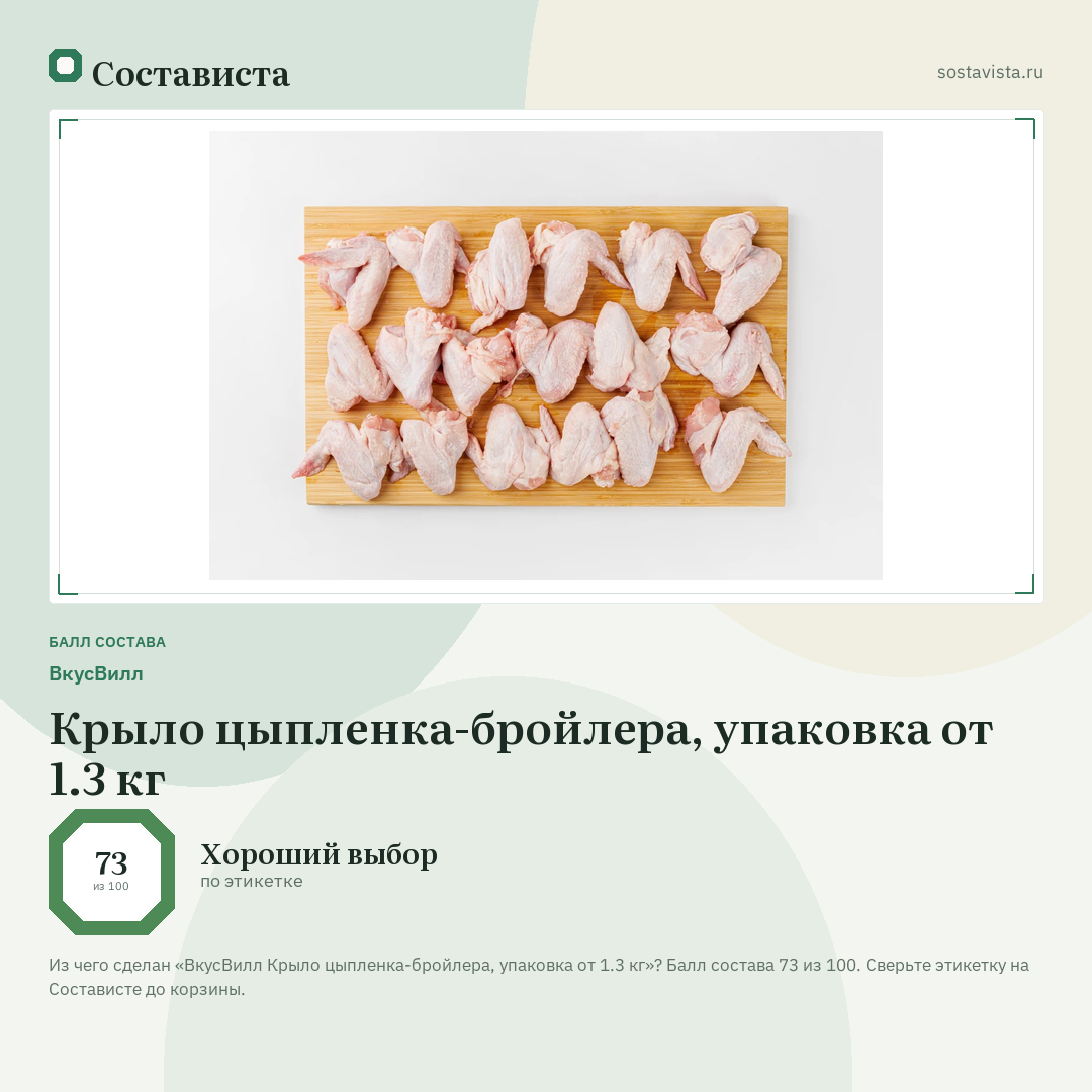 ВкусВилл Крыло цыпленка-бройлера, упаковка от 1.3 кг: балл состава 73 из 100 — Состависта
