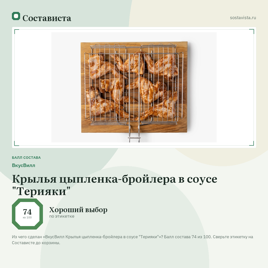 ВкусВилл Крылья цыпленка-бройлера в соусе "Терияки": балл состава 74 из 100 — Состависта