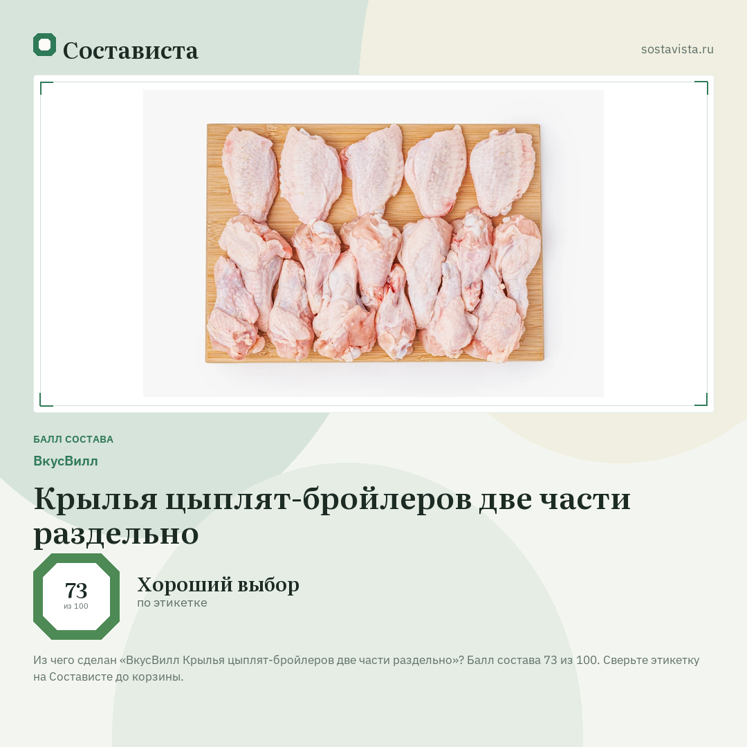 ВкусВилл Крылья цыплят-бройлеров две части раздельно: балл состава 73 из 100 — Состависта