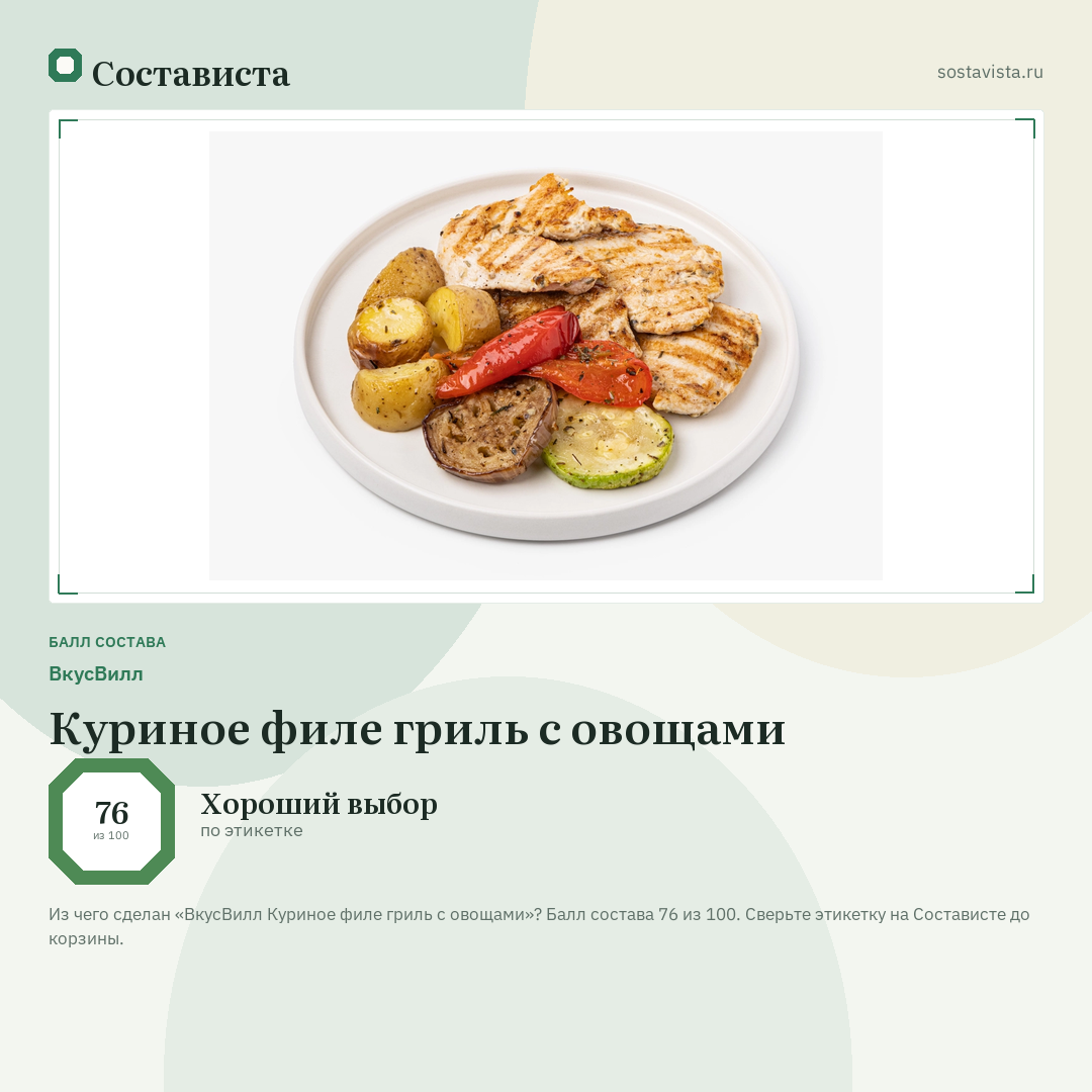 ВкусВилл Куриное филе гриль с овощами: балл состава 76 из 100 — Состависта