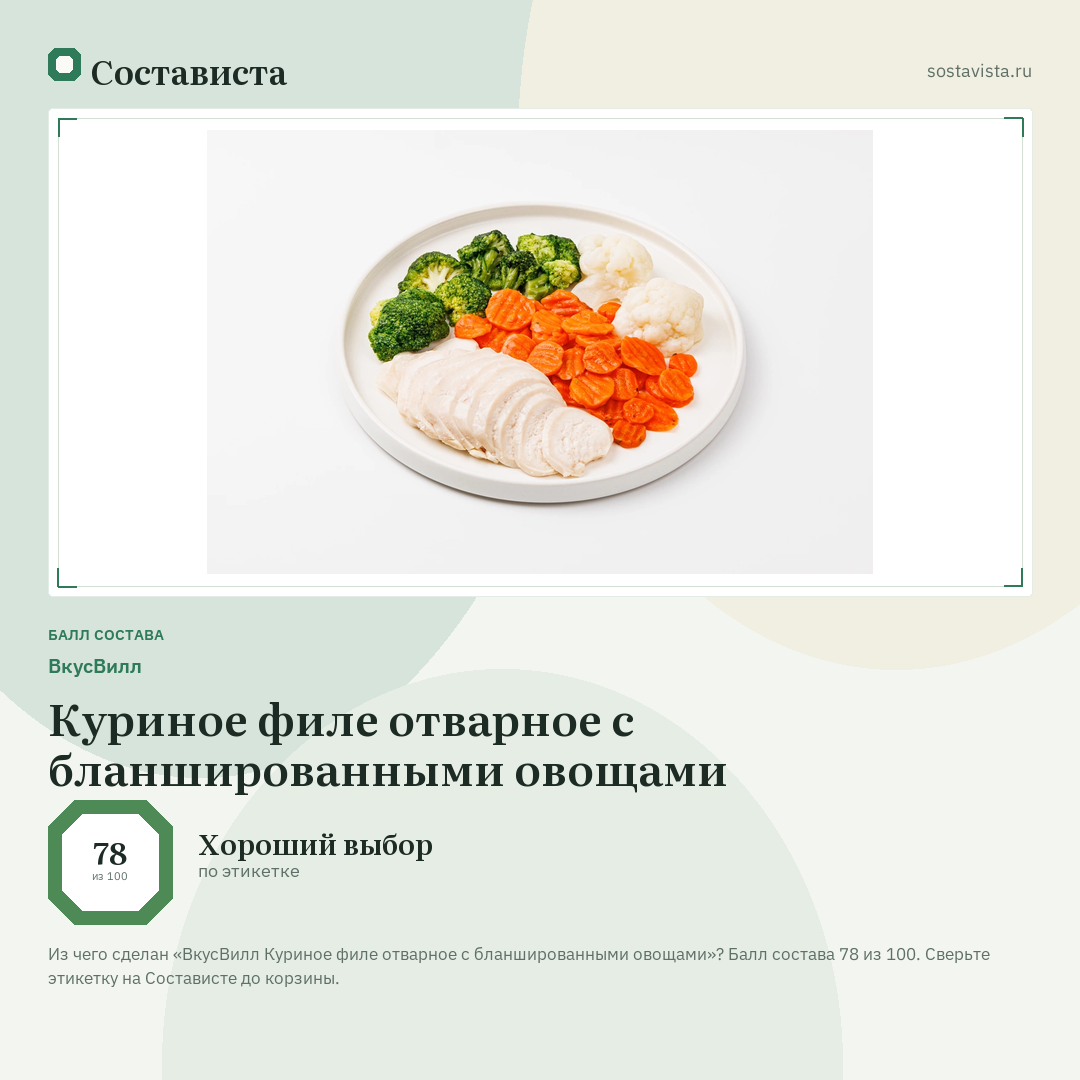 ВкусВилл Куриное филе отварное с бланшированными овощами: балл состава 78 из 100 — Состависта