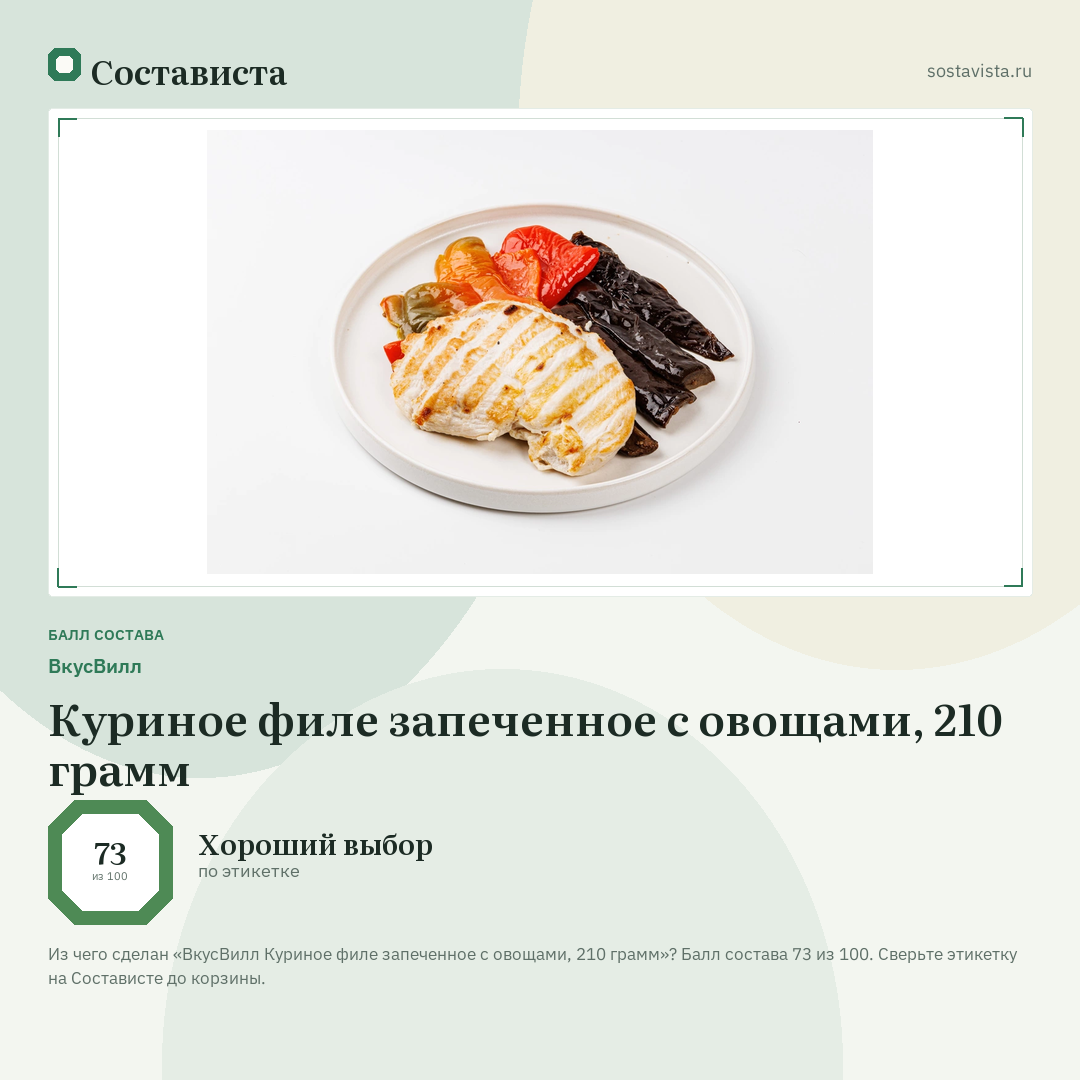 ВкусВилл Куриное филе запеченное с овощами, 210 грамм: балл состава 73 из 100 — Состависта
