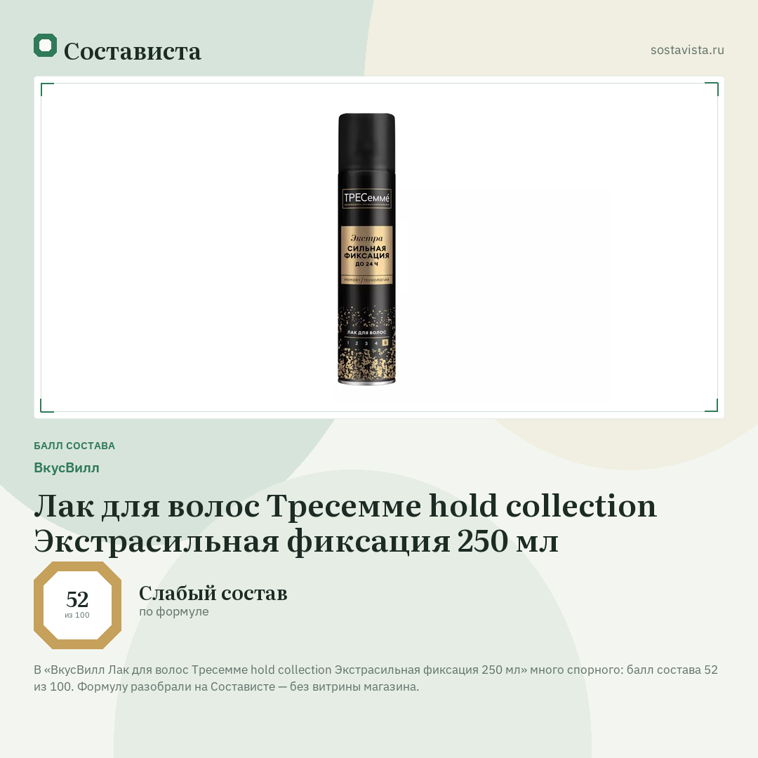 ВкусВилл Лак для волос Тресемме hold collection Экстрасильная фиксация 250 мл: балл состава 52 из 100 — Состависта