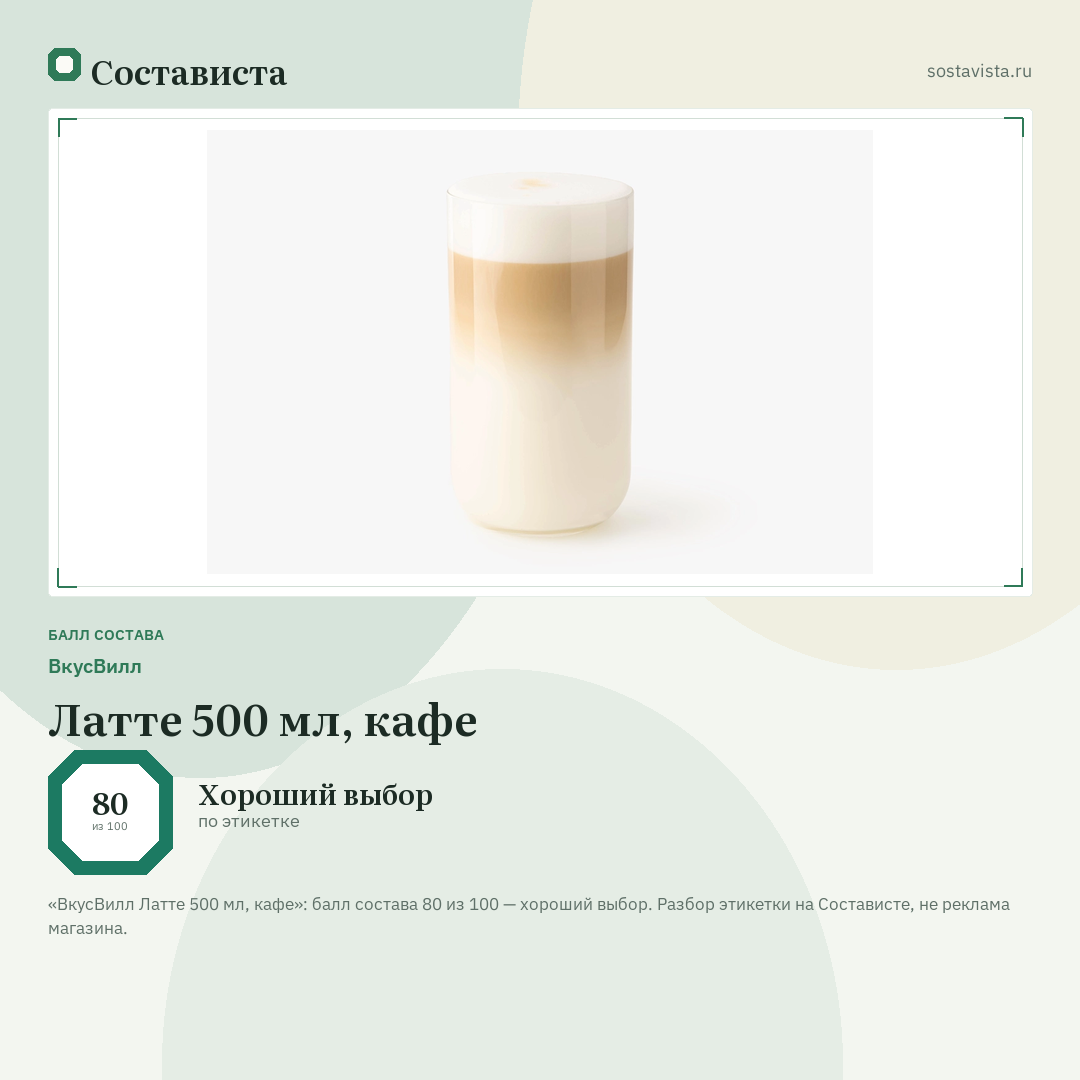 ВкусВилл Латте 500 мл, кафе: балл состава 80 из 100 — Состависта
