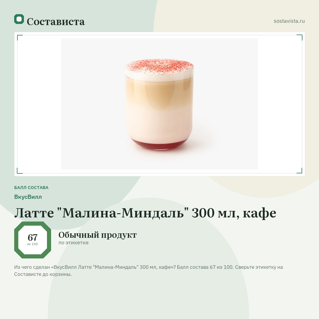 ВкусВилл Латте "Малина-Миндаль" 300 мл, кафе: балл состава 67 из 100 — Состависта