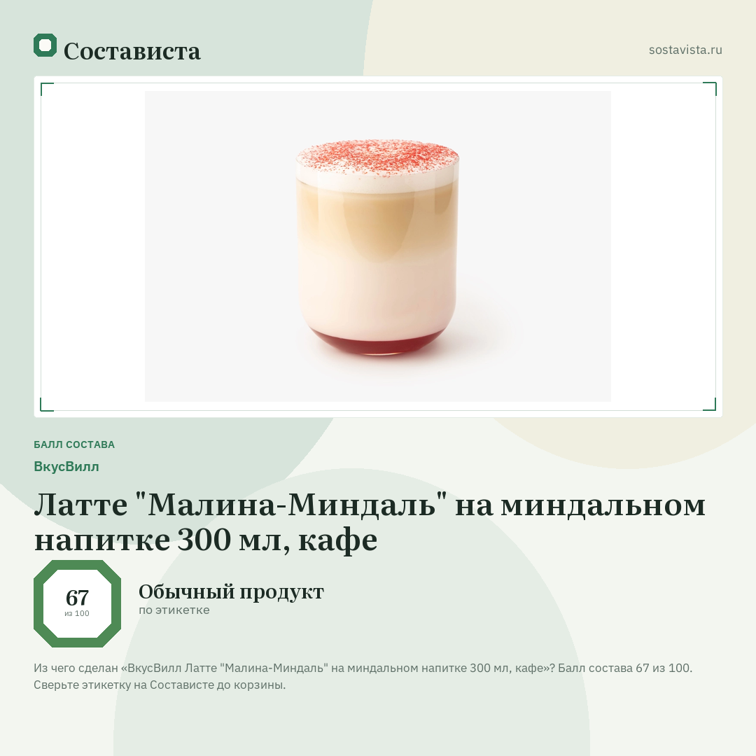 ВкусВилл Латте "Малина-Миндаль" на миндальном напитке 300 мл, кафе: балл состава 67 из 100 — Состависта