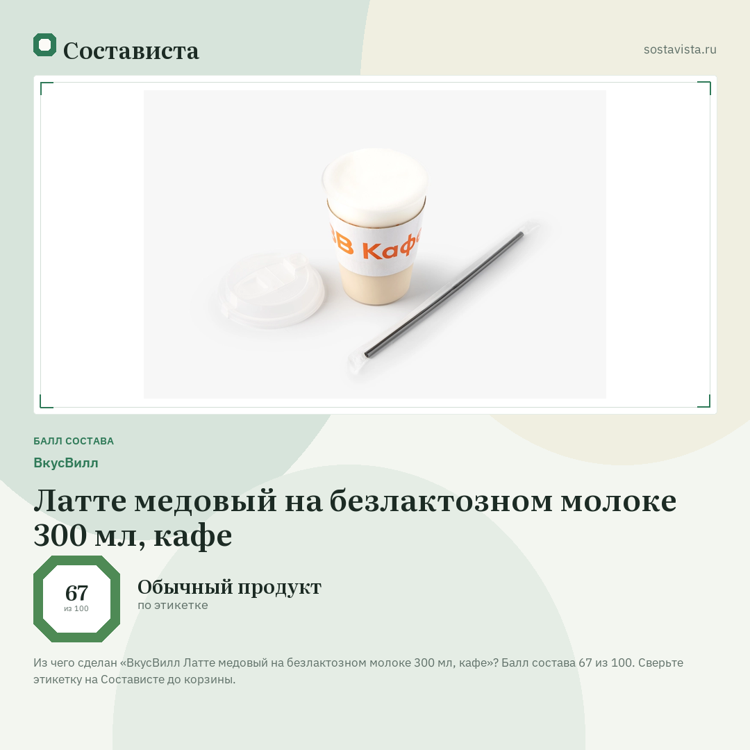 ВкусВилл Латте медовый на безлактозном молоке 300 мл, кафе: балл состава 67 из 100 — Состависта