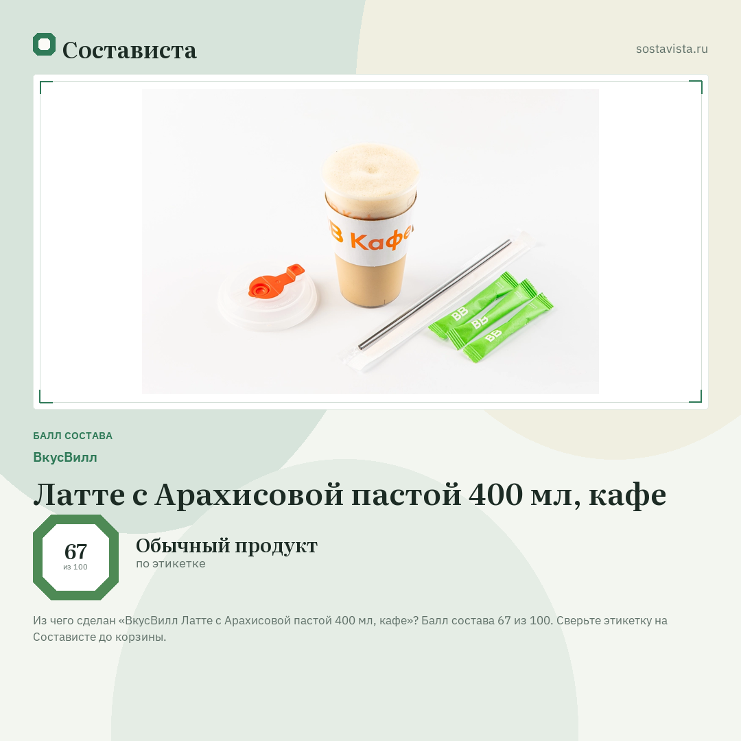 ВкусВилл Латте с Арахисовой пастой 400 мл, кафе: балл состава 67 из 100 — Состависта