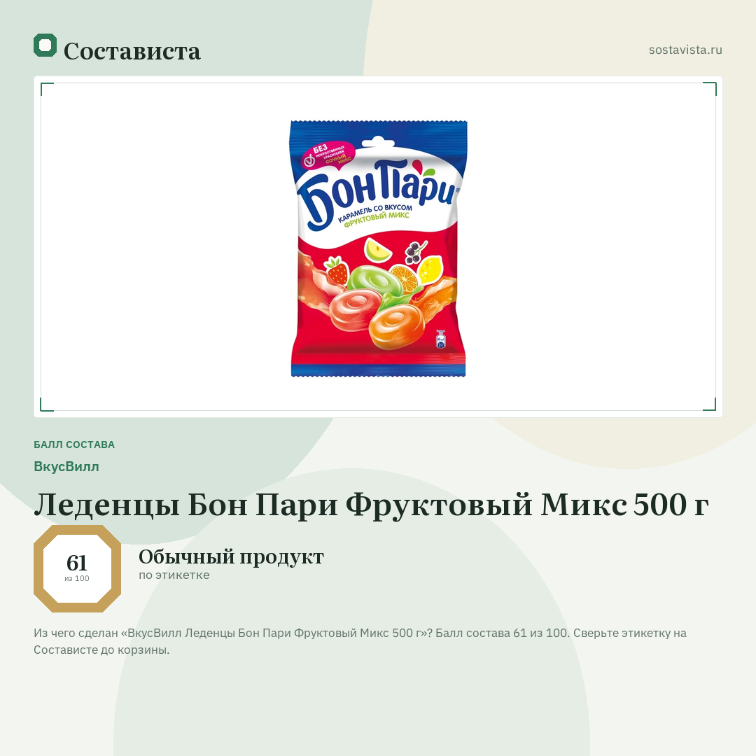 ВкусВилл Леденцы Бон Пари Фруктовый Микс 500 г: балл состава 61 из 100 — Состависта