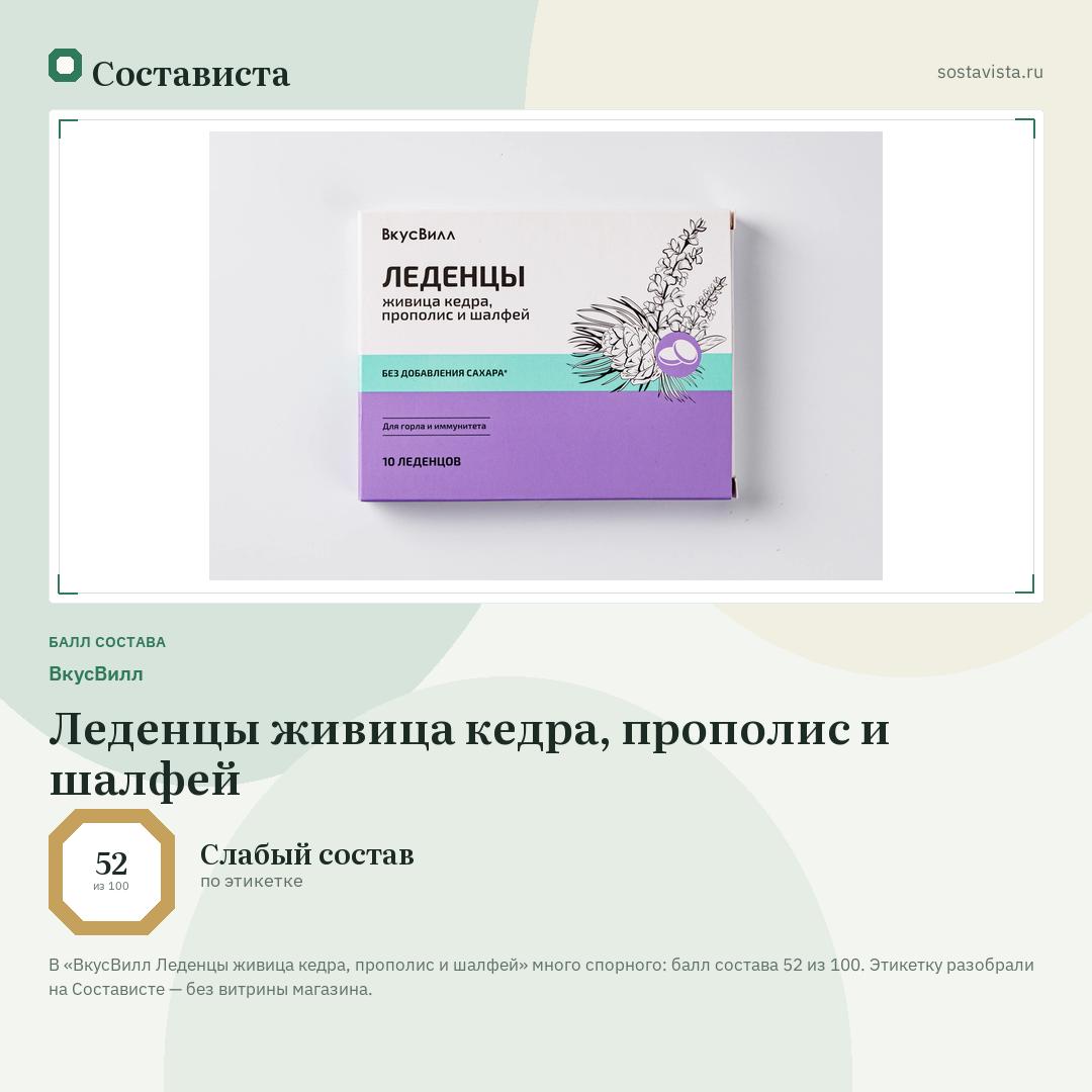 ВкусВилл Леденцы живица кедра, прополис и шалфей: балл состава 52 из 100 — Состависта