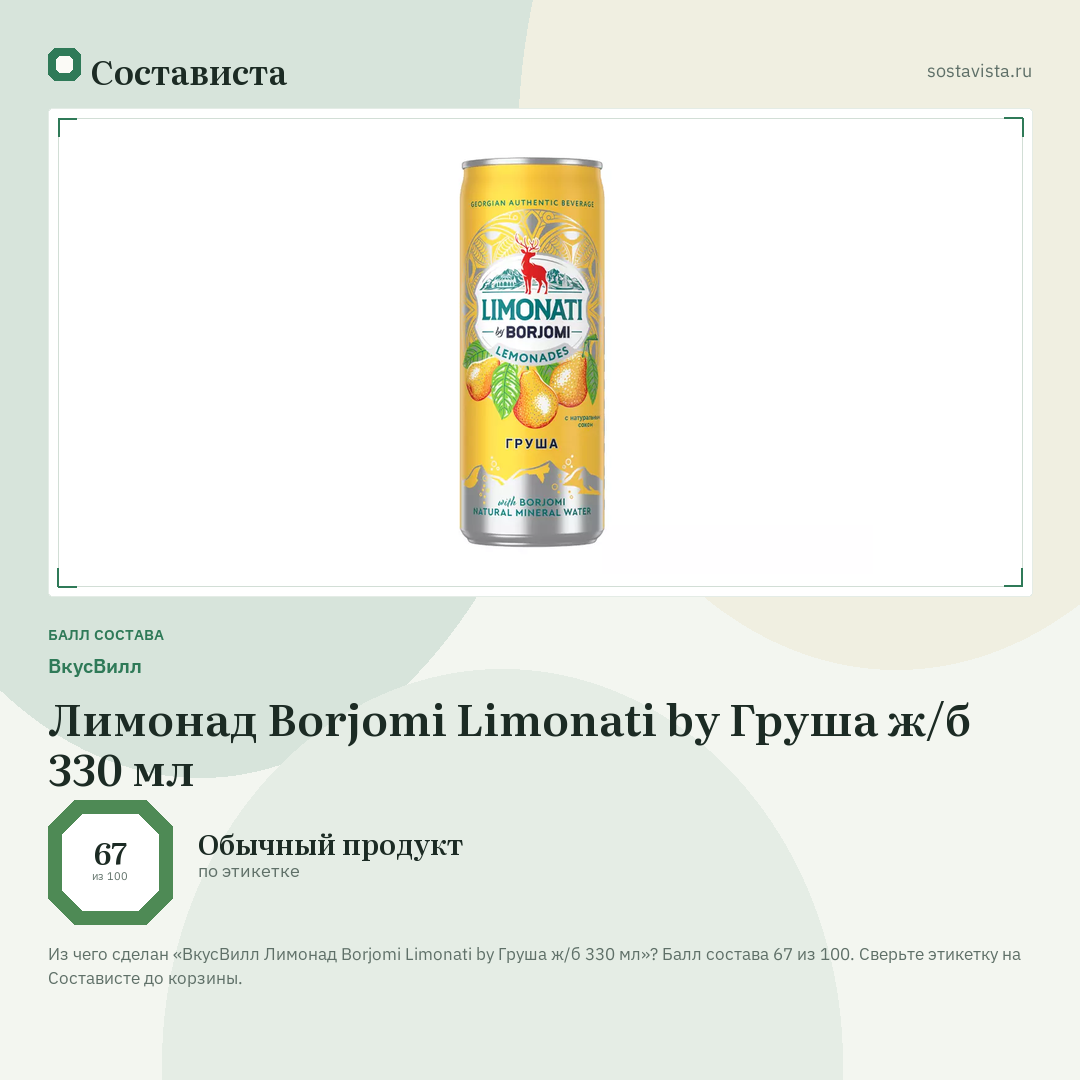 ВкусВилл Лимонад Borjomi Limonati by Груша ж/б 330 мл: балл состава 67 из 100 — Состависта