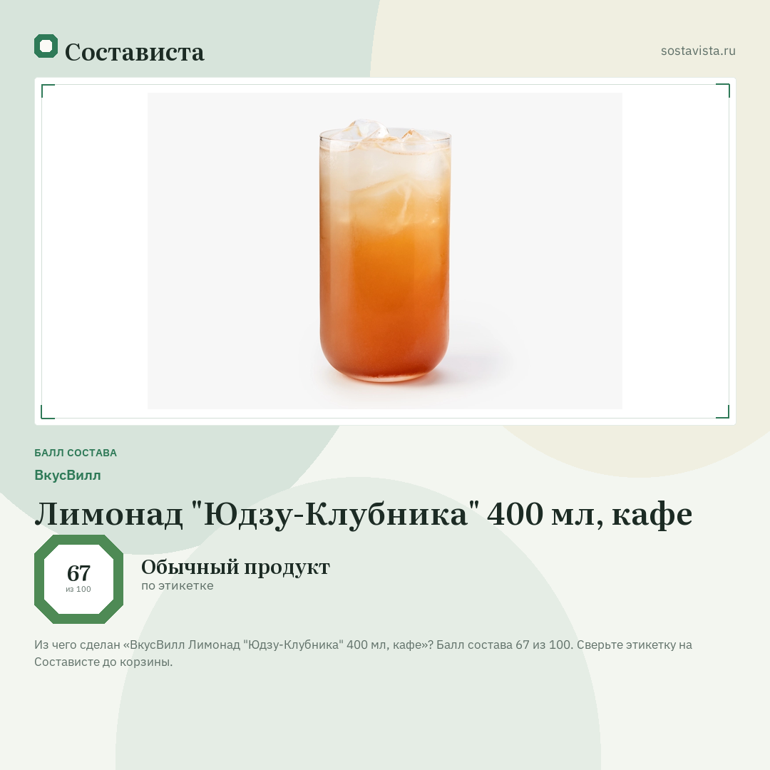 ВкусВилл Лимонад "Юдзу-Клубника" 400 мл, кафе: балл состава 67 из 100 — Состависта