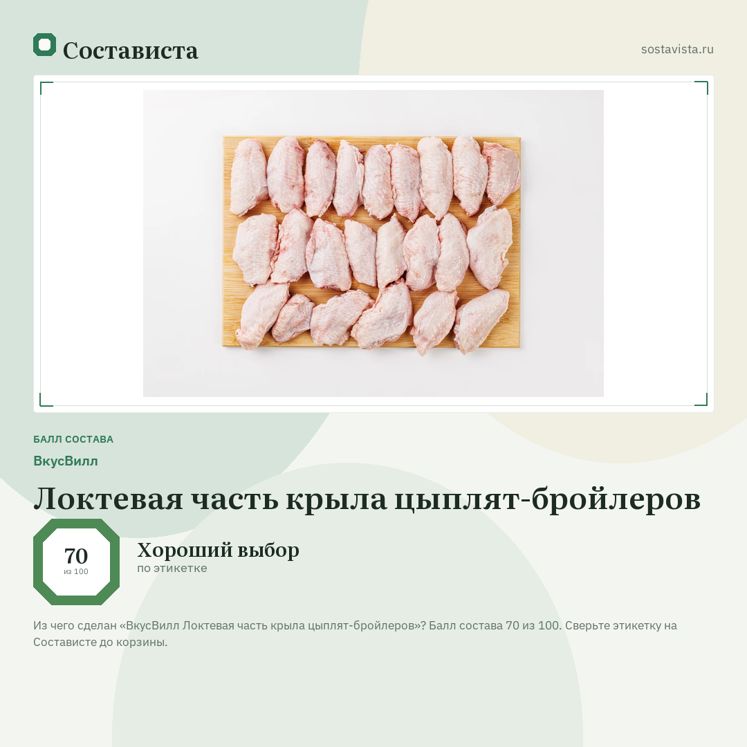 ВкусВилл Локтевая часть крыла цыплят-бройлеров: балл состава 70 из 100 — Состависта