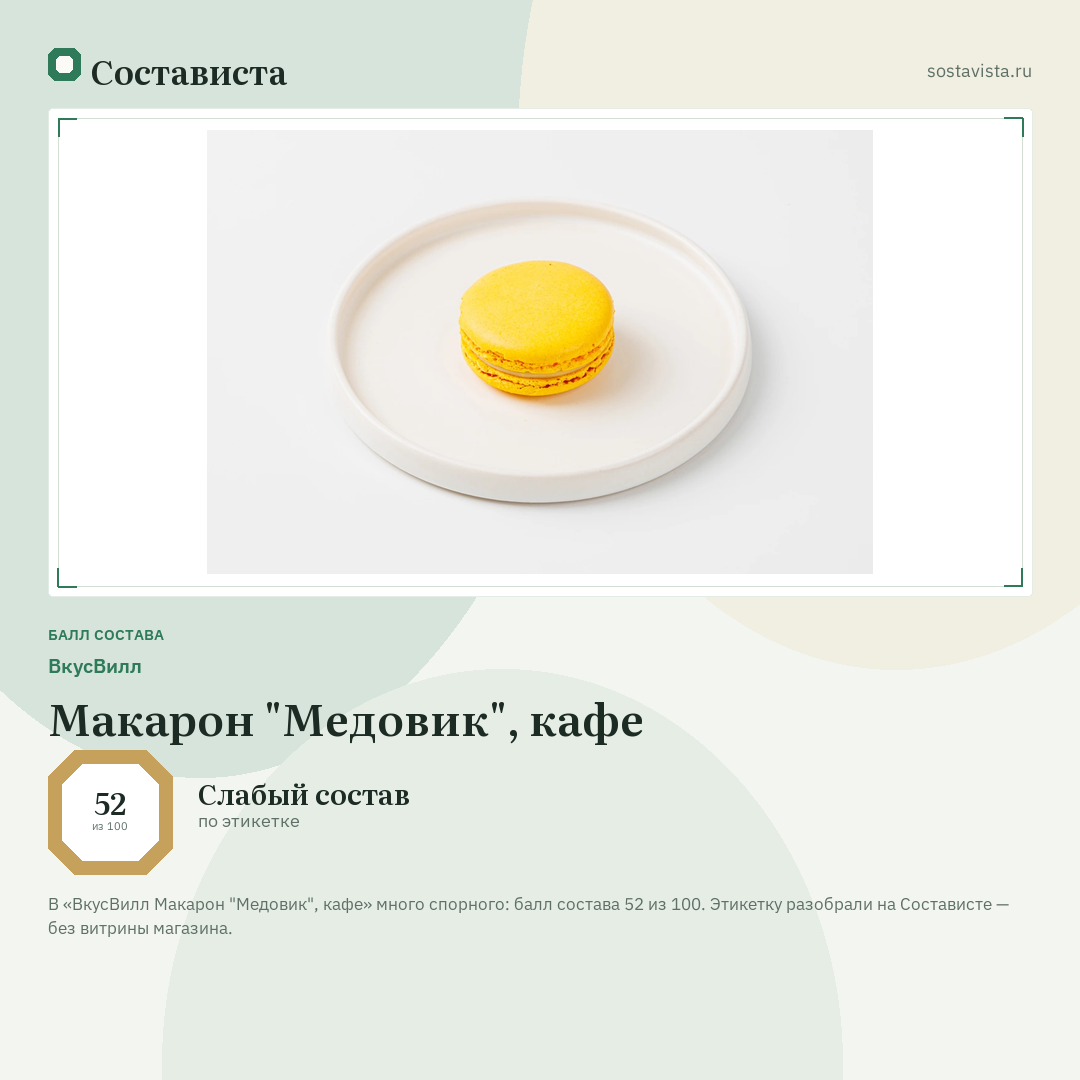 ВкусВилл Макарон "Медовик", кафе: балл состава 52 из 100 — Состависта