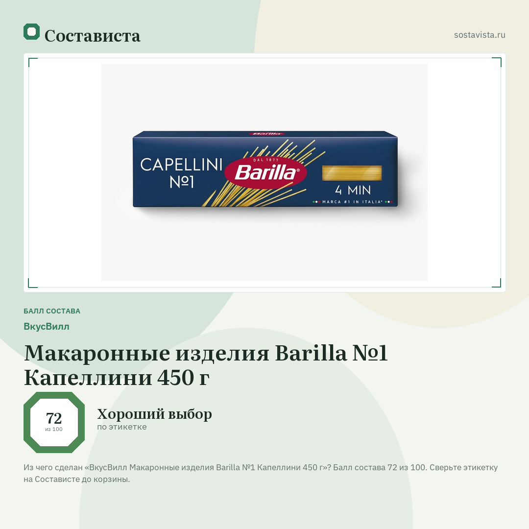 ВкусВилл Макаронные изделия Barilla №1 Капеллини 450 г: балл состава 72 из 100 — Состависта