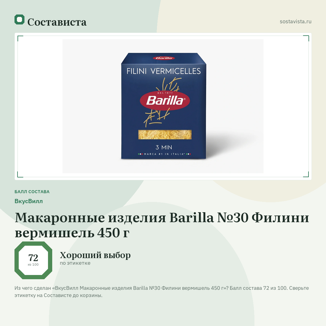 ВкусВилл Макаронные изделия Barilla №30 Филини вермишель 450 г: балл состава 72 из 100 — Состависта