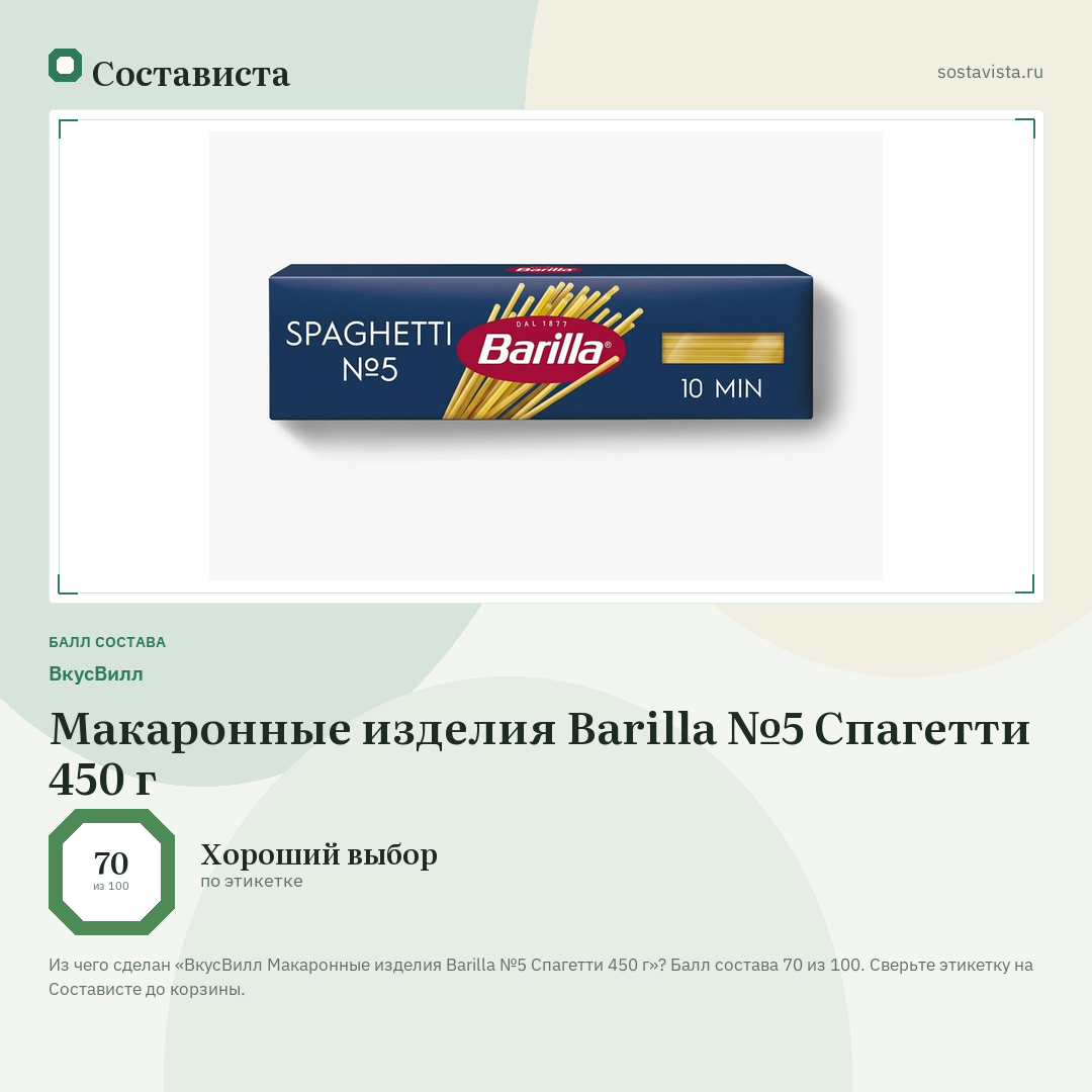 ВкусВилл Макаронные изделия Barilla №5 Спагетти 450 г: балл состава 70 из 100 — Состависта
