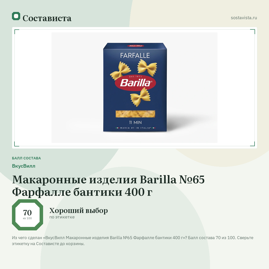 ВкусВилл Макаронные изделия Barilla №65 Фарфалле бантики 400 г: балл состава 70 из 100 — Состависта