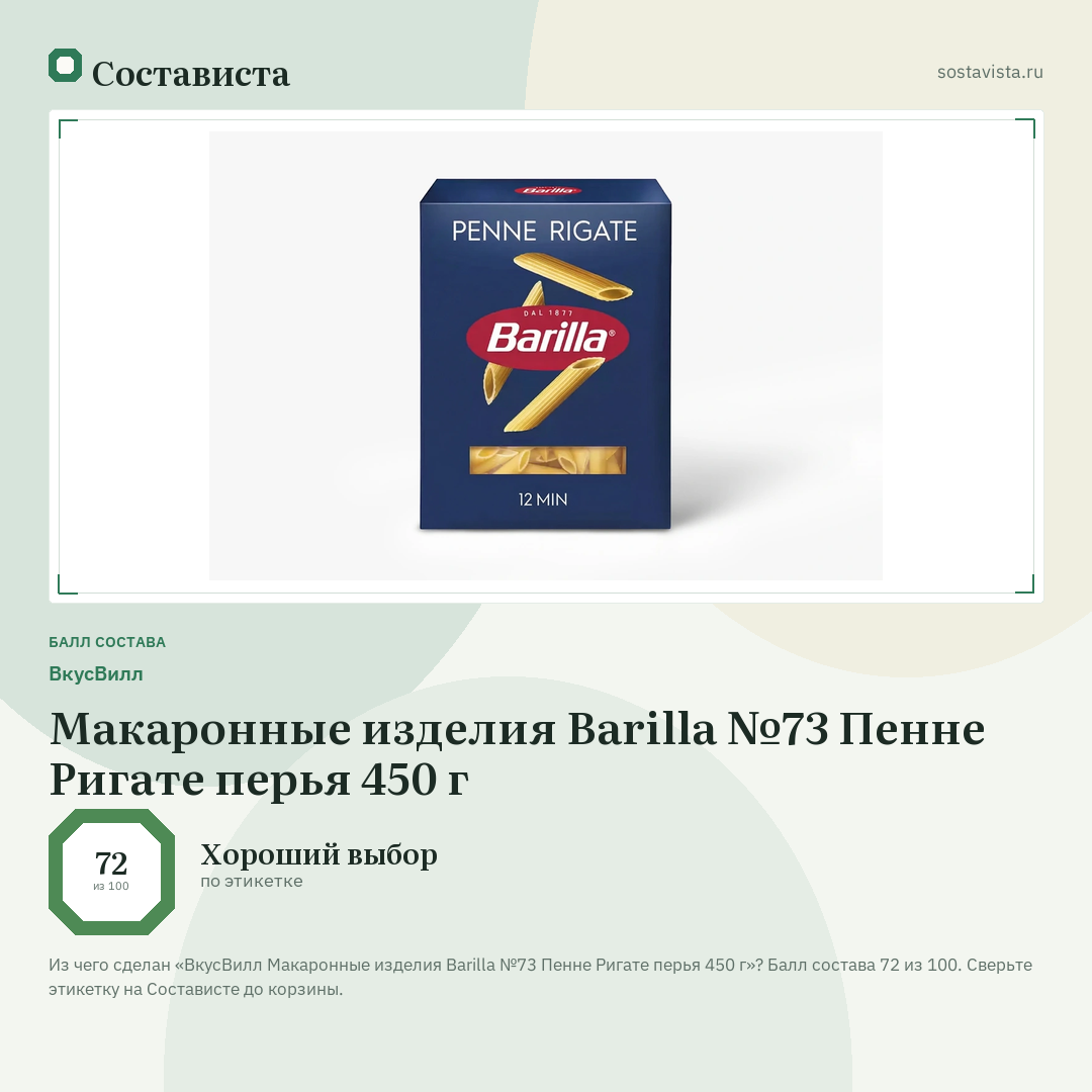 ВкусВилл Макаронные изделия Barilla №73 Пенне Ригате перья 450 г: балл состава 72 из 100 — Состависта