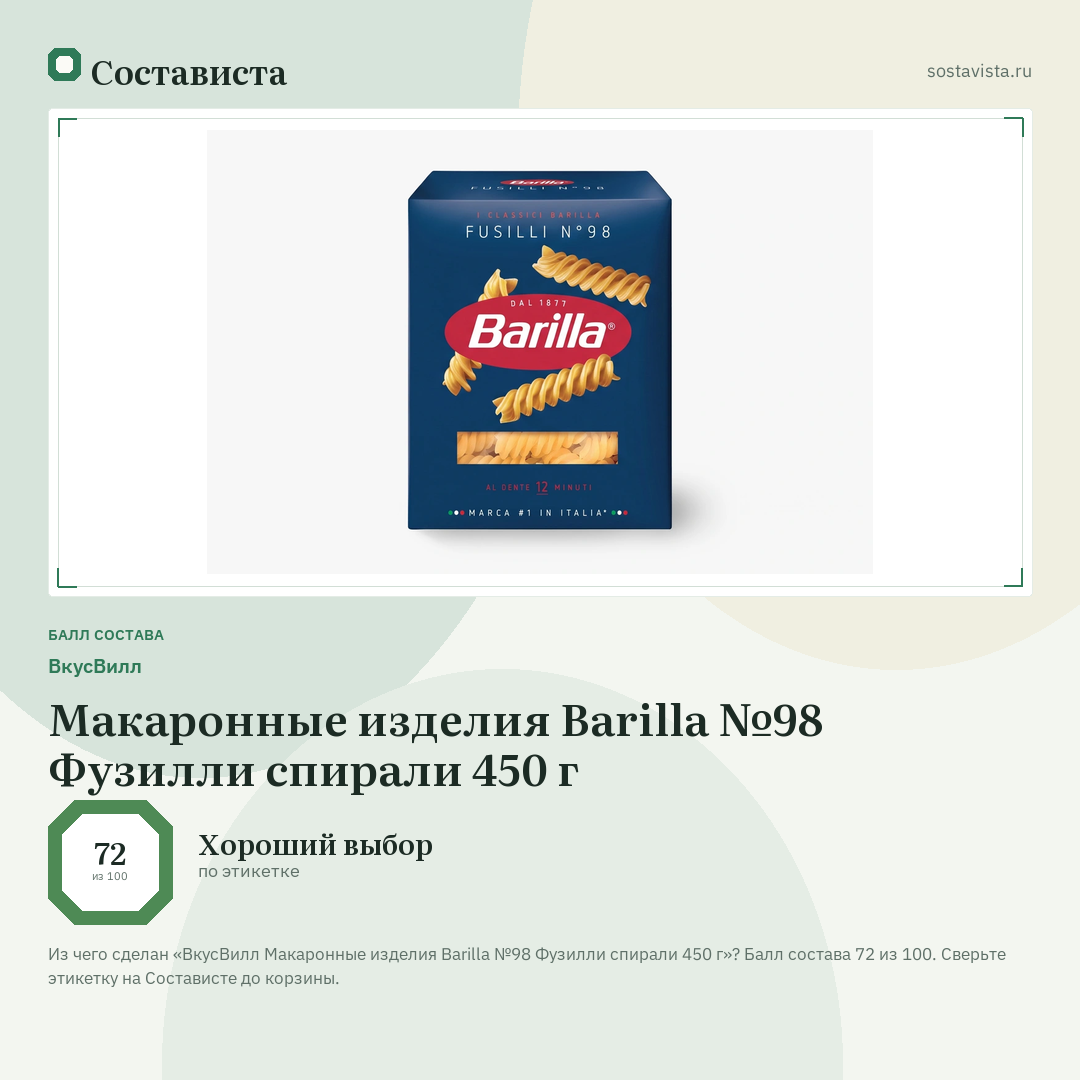 ВкусВилл Макаронные изделия Barilla №98 Фузилли спирали 450 г: балл состава 72 из 100 — Состависта