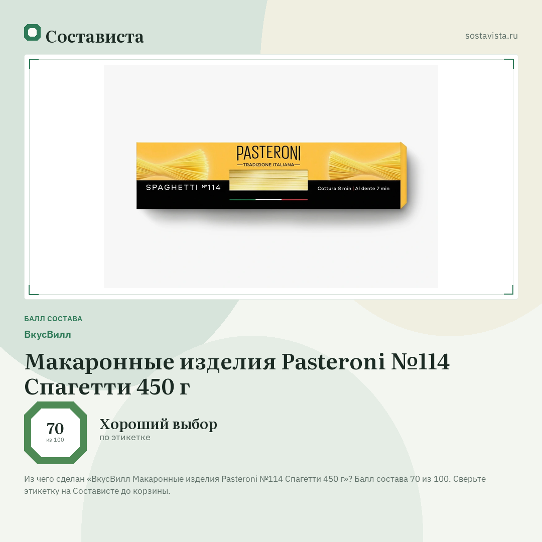 ВкусВилл Макаронные изделия Pasteroni №114 Спагетти 450 г: балл состава 70 из 100 — Состависта