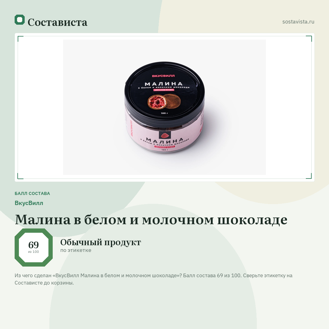 ВкусВилл Малина в белом и молочном шоколаде: балл состава 69 из 100 — Состависта