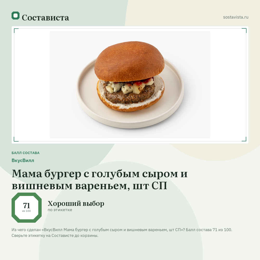 ВкусВилл Мама бургер с голубым сыром и вишневым вареньем, шт СП: балл состава 71 из 100 — Состависта
