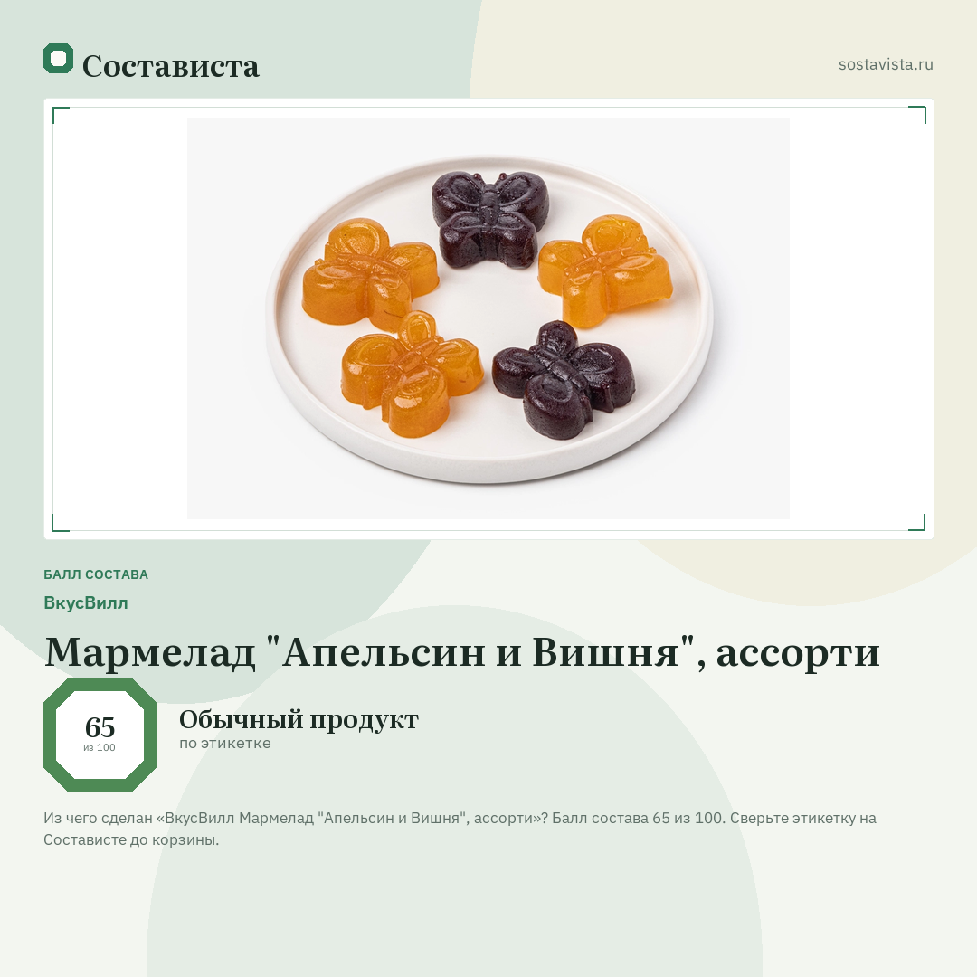 ВкусВилл Мармелад "Апельсин и Вишня", ассорти: балл состава 65 из 100 — Состависта