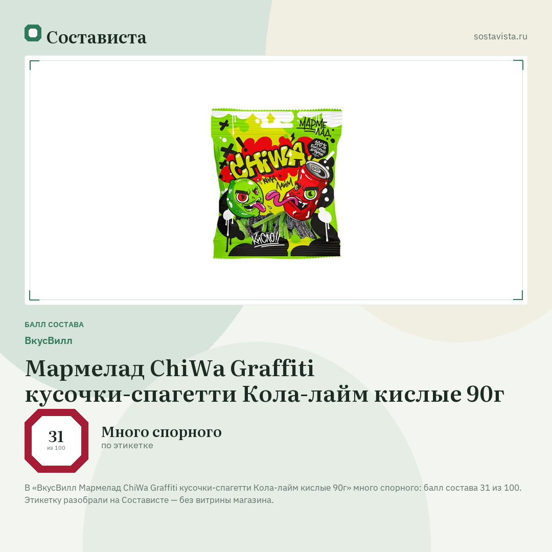 ВкусВилл Мармелад ChiWa Graffiti кусочки-спагетти Кола-лайм кислые 90г: балл состава 31 из 100 — Состависта