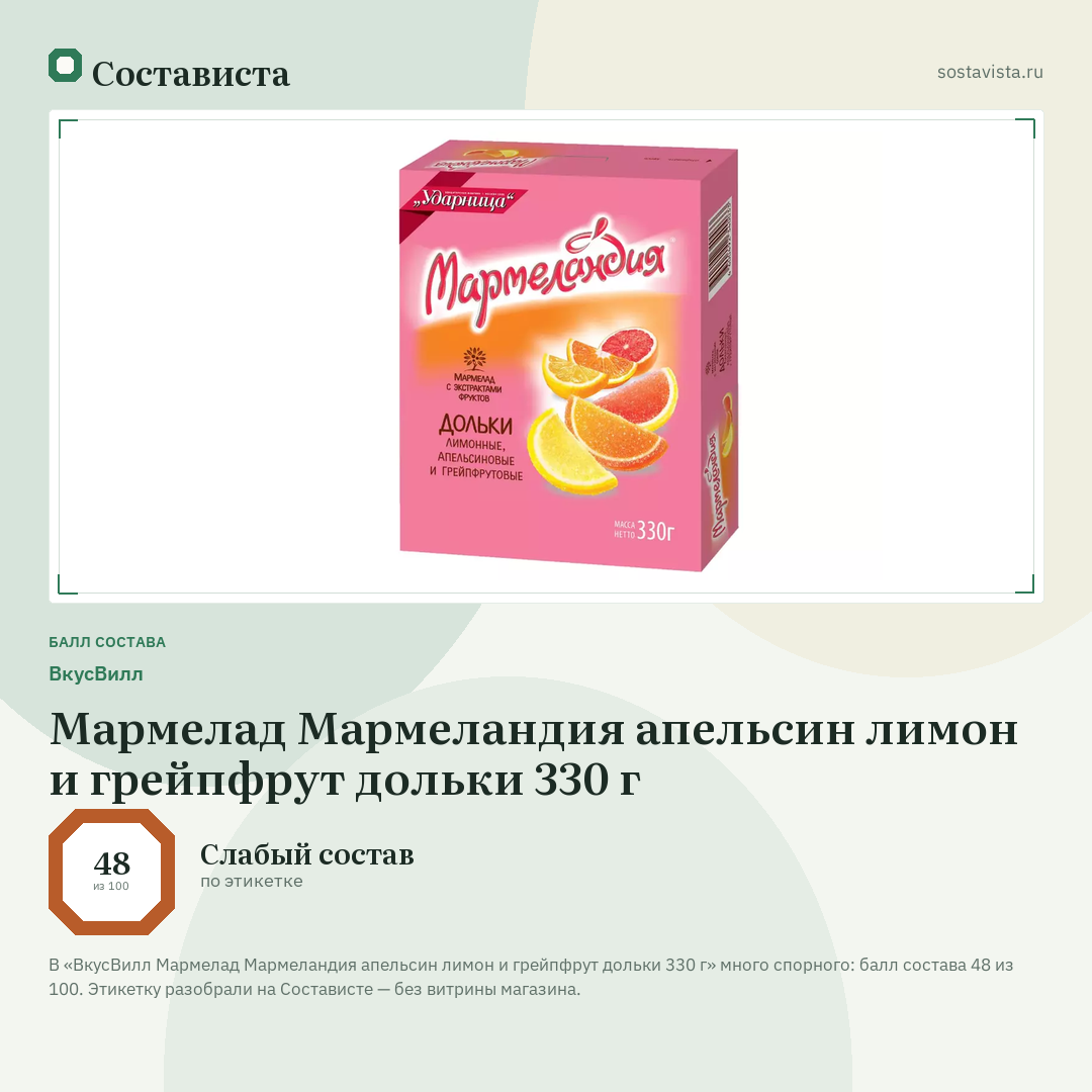 ВкусВилл Мармелад Мармеландия апельсин лимон и грейпфрут дольки 330 г: балл состава 48 из 100 — Состависта