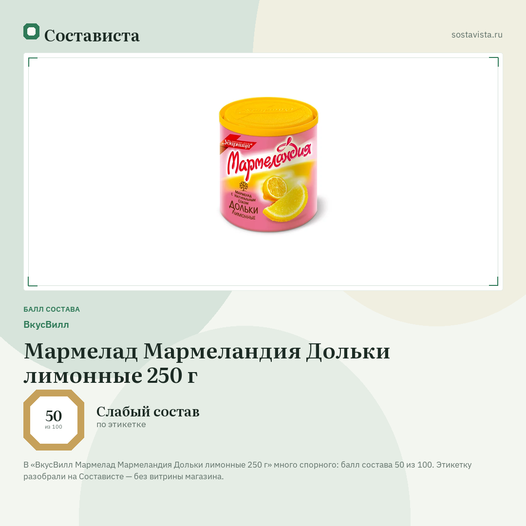 ВкусВилл Мармелад Мармеландия Дольки лимонные 250 г: балл состава 50 из 100 — Состависта