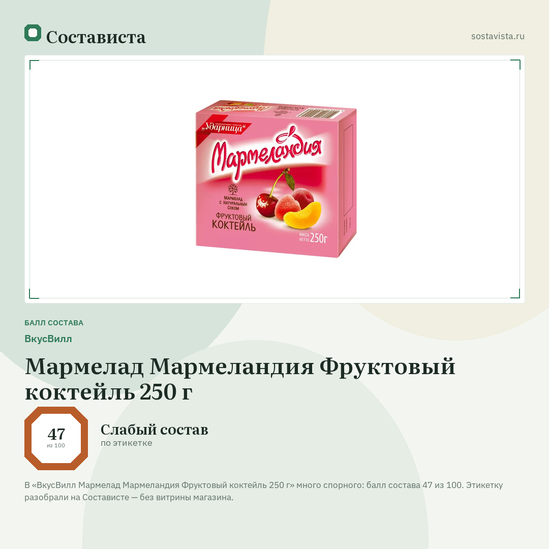ВкусВилл Мармелад Мармеландия Фруктовый коктейль 250 г: балл состава 47 из 100 — Состависта