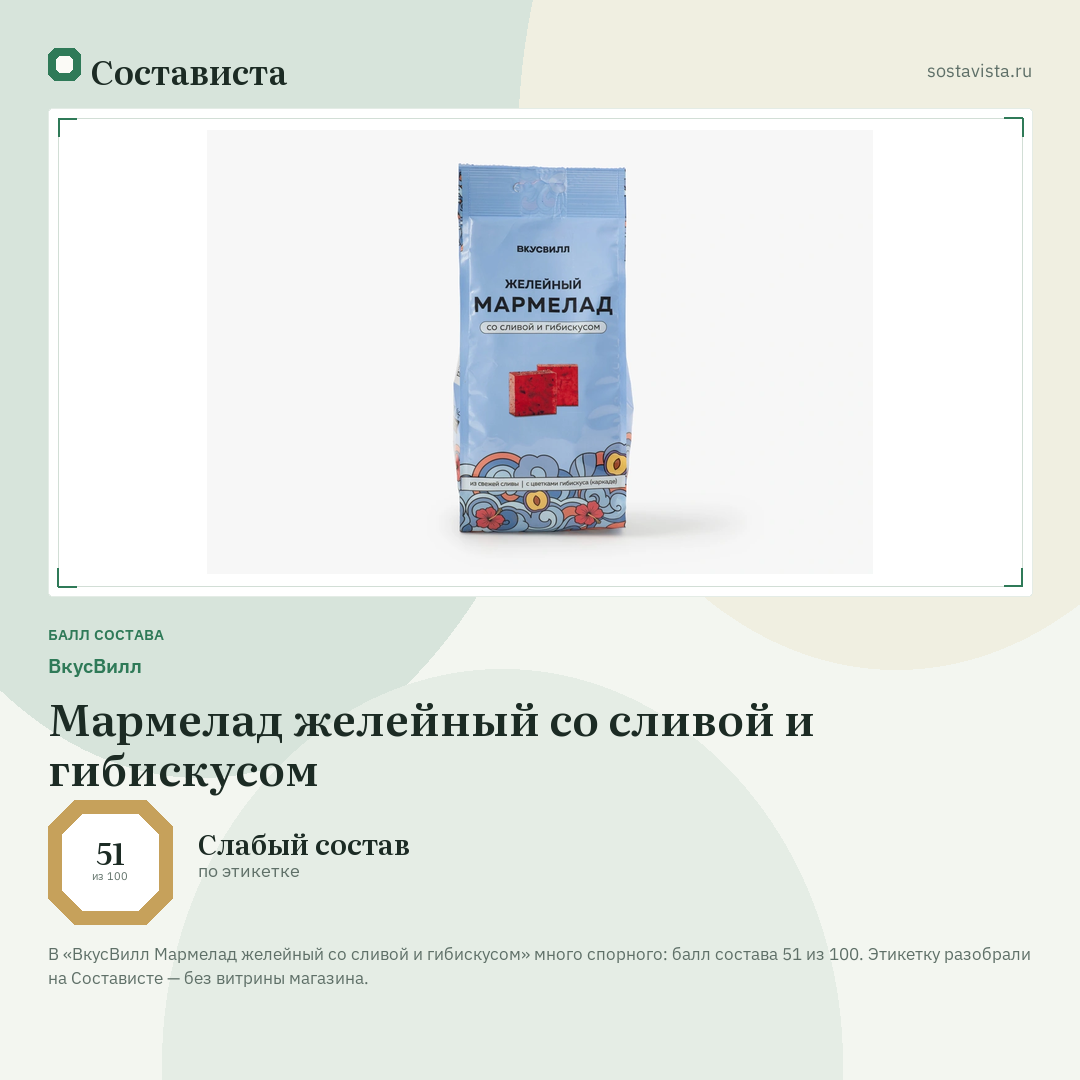 ВкусВилл Мармелад желейный со сливой и гибискусом: балл состава 51 из 100 — Состависта