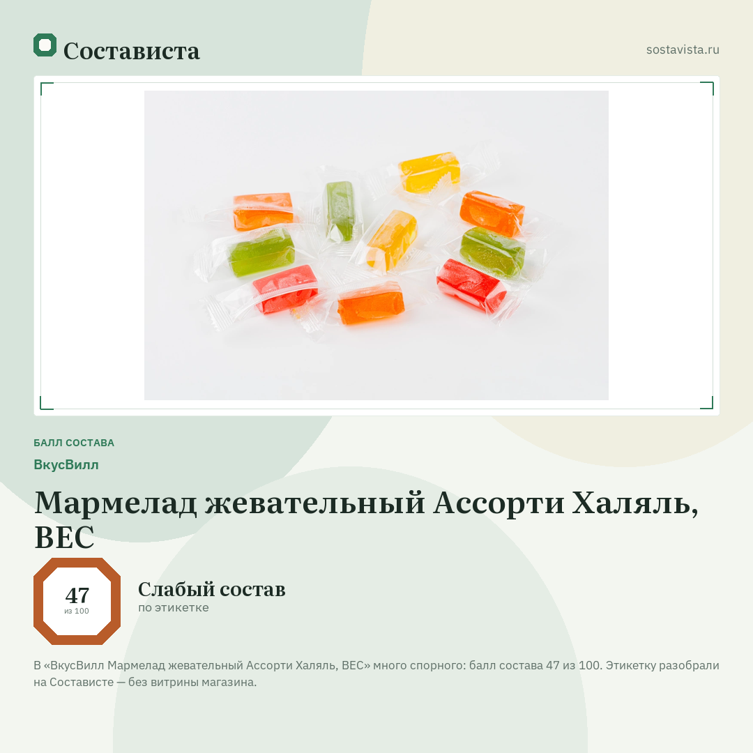 ВкусВилл Мармелад жевательный Ассорти Халяль, ВЕС: балл состава 47 из 100 — Состависта