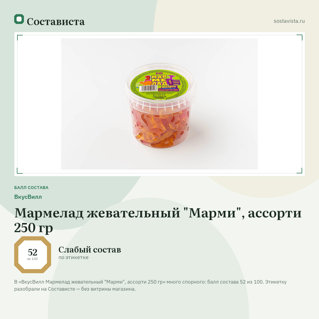 ВкусВилл Мармелад жевательный "Марми", ассорти 250 гр: балл состава 52 из 100 — Состависта