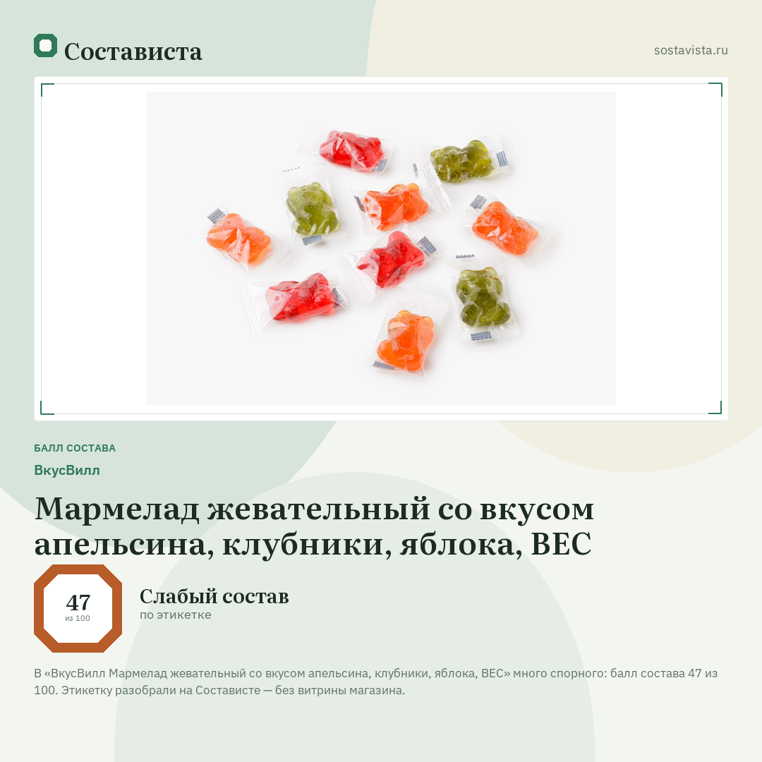 ВкусВилл Мармелад жевательный со вкусом апельсина, клубники, яблока, ВЕС: балл состава 47 из 100 — Состависта
