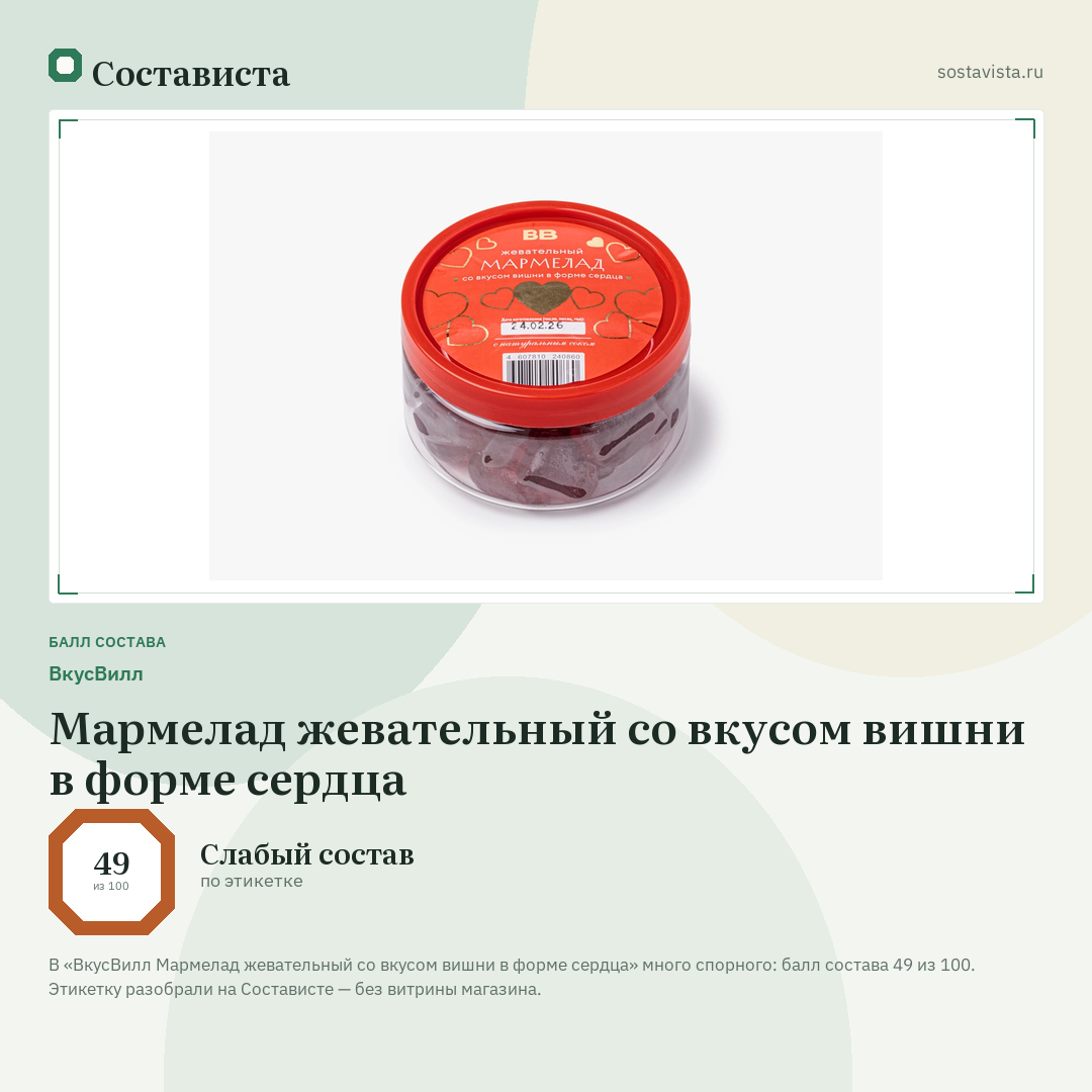 ВкусВилл Мармелад жевательный со вкусом вишни в форме сердца: балл состава 49 из 100 — Состависта
