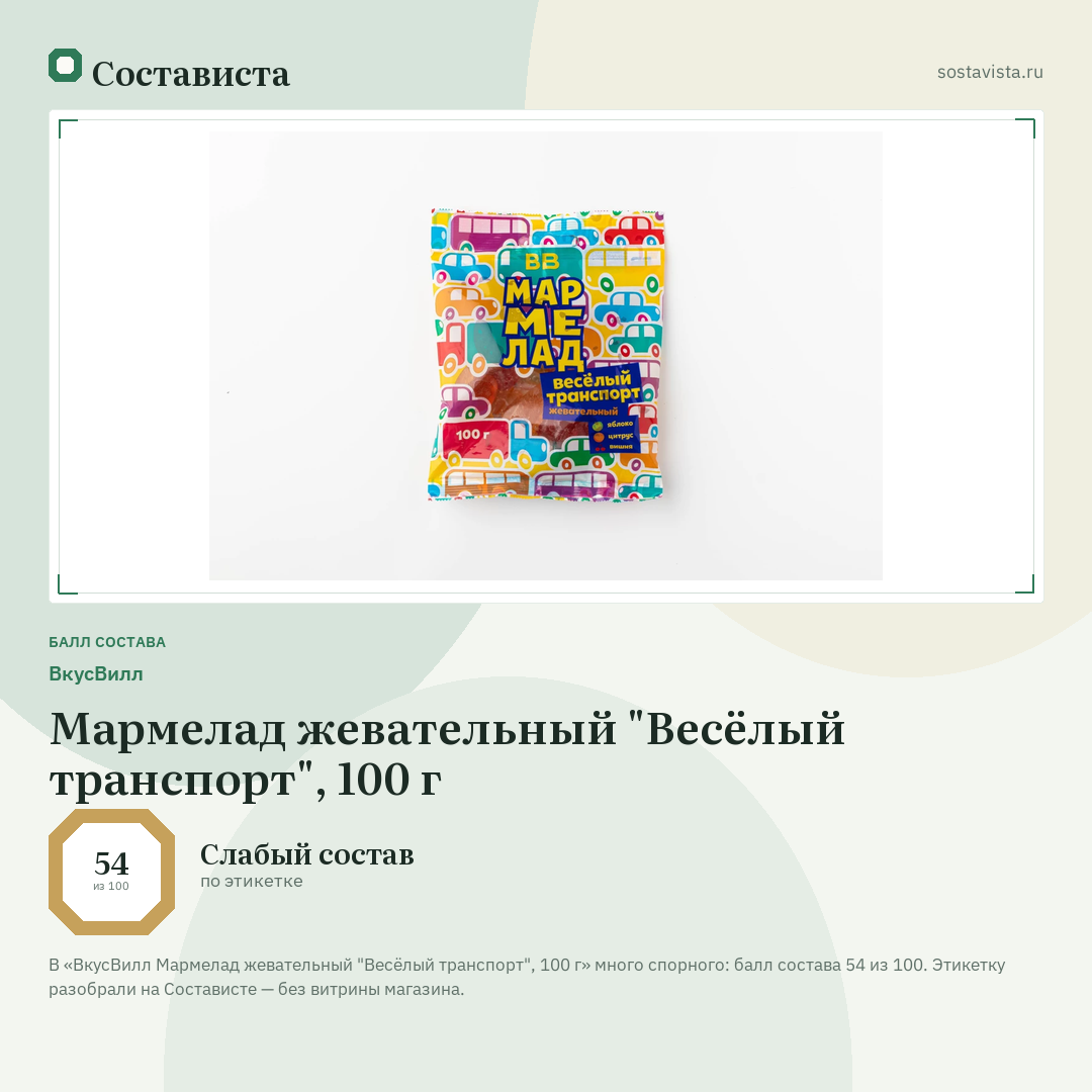 ВкусВилл Мармелад жевательный "Весёлый транспорт", 100 г: балл состава 54 из 100 — Состависта
