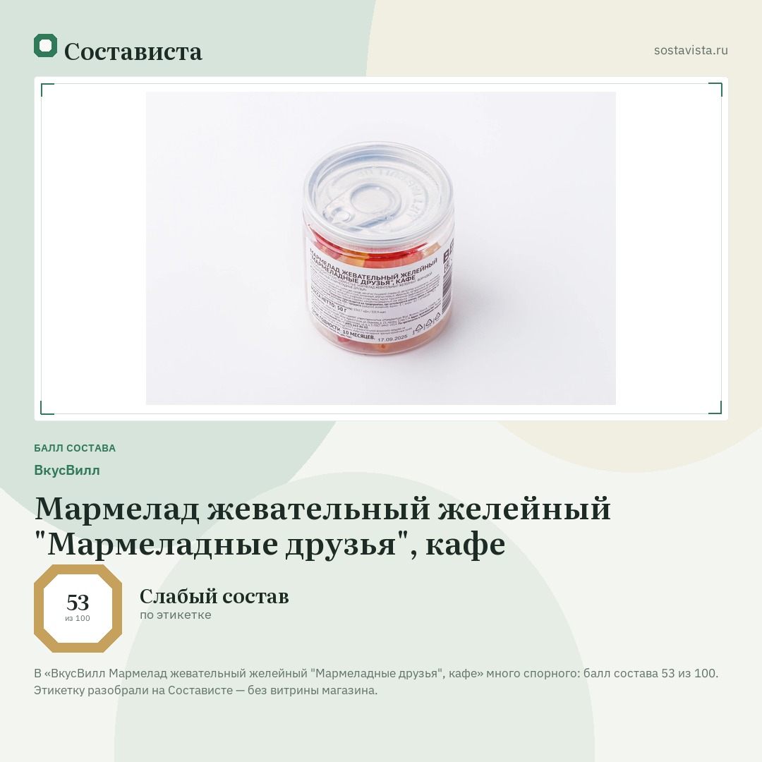 ВкусВилл Мармелад жевательный желейный "Мармеладные друзья", кафе: балл состава 53 из 100 — Состависта