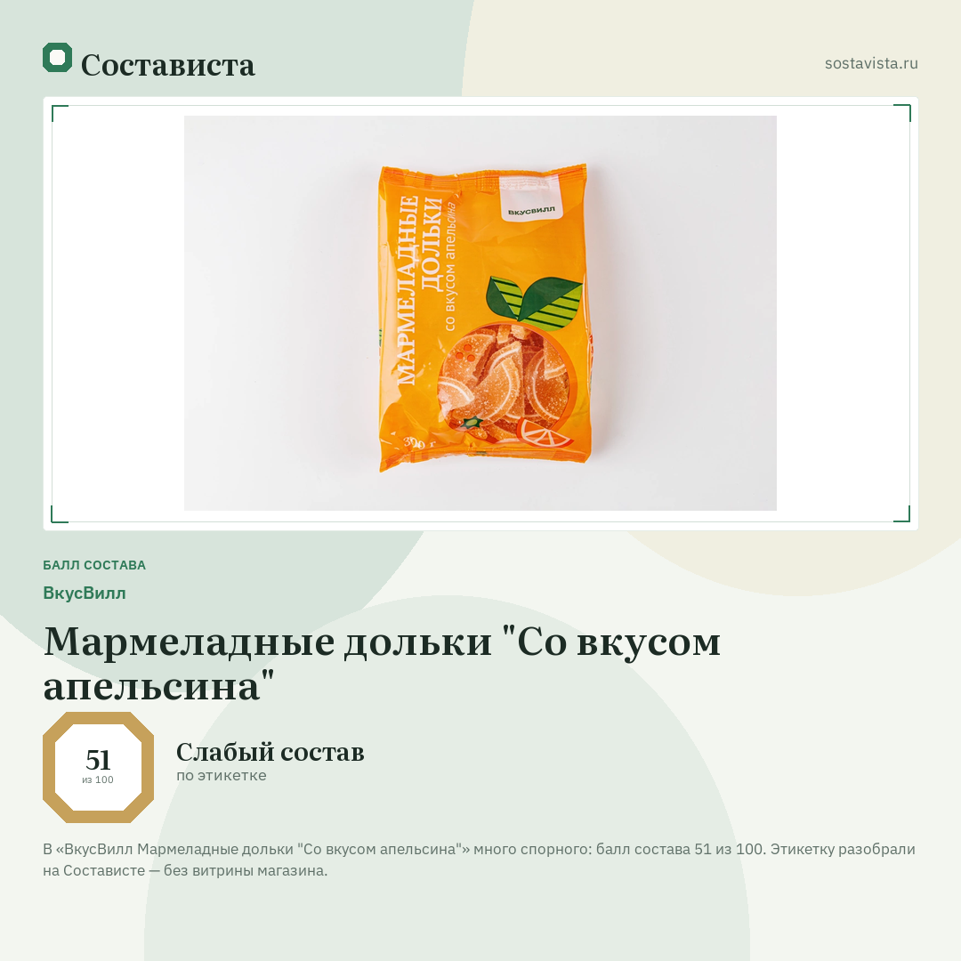ВкусВилл Мармеладные дольки "Со вкусом апельсина": балл состава 51 из 100 — Состависта