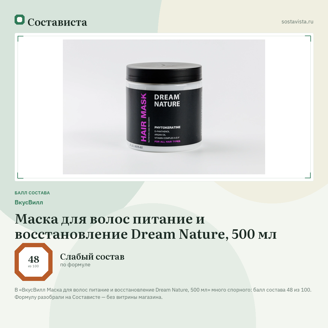 ВкусВилл Маска для волос питание и восстановление Dream Nature, 500 мл: балл состава 48 из 100 — Состависта