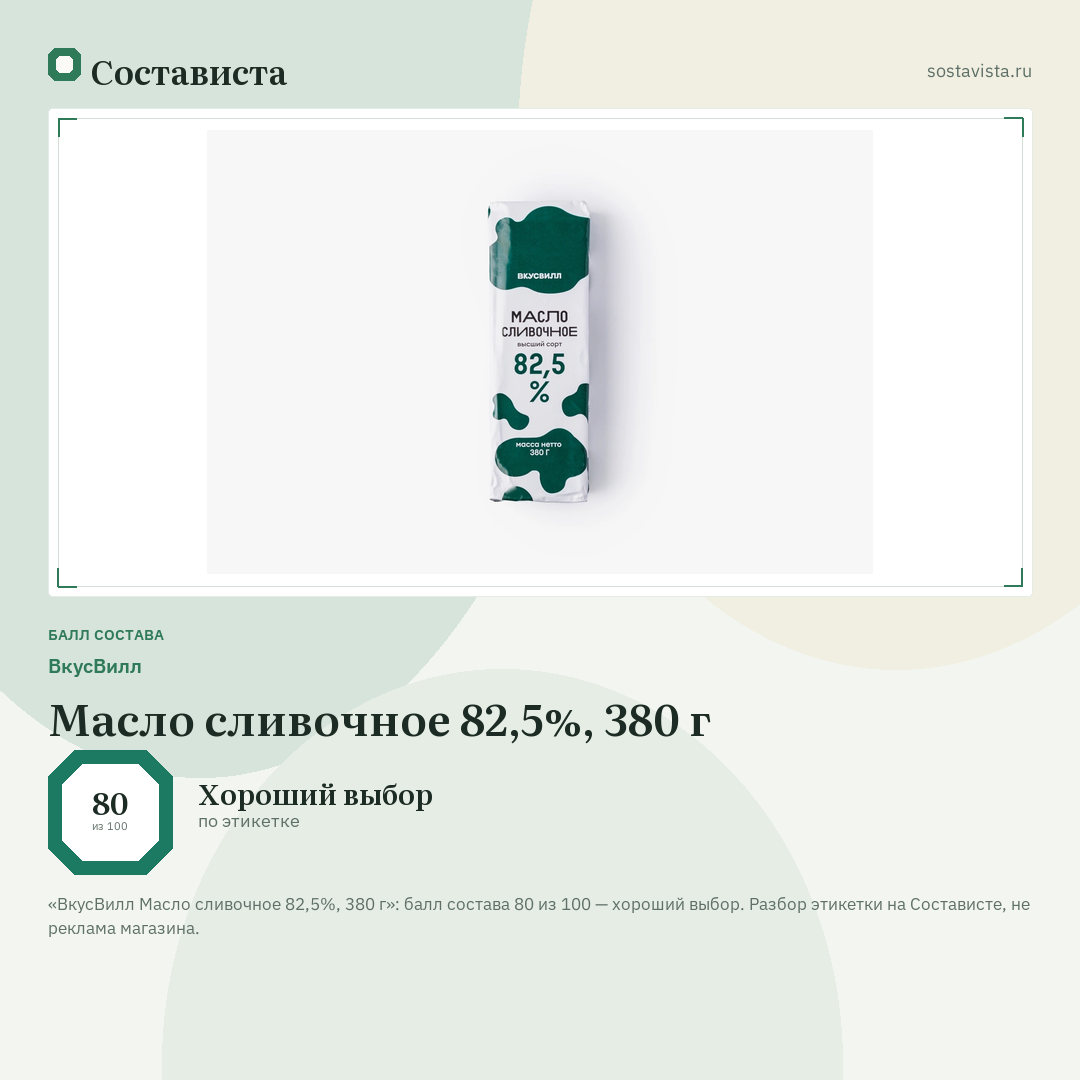 ВкусВилл Масло сливочное 82,5%, 380 г: балл состава 80 из 100 — Состависта