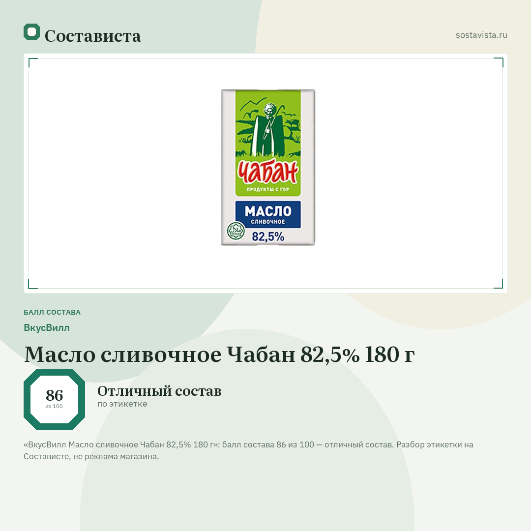 ВкусВилл Масло сливочное Чабан 82,5% 180 г: балл состава 86 из 100 — Состависта