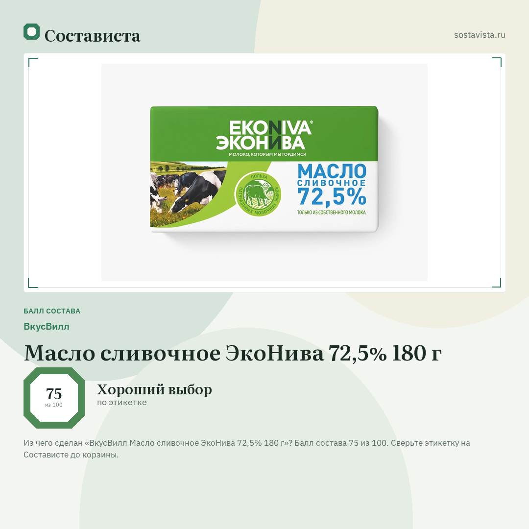 ВкусВилл Масло сливочное ЭкоНива 72,5% 180 г: балл состава 75 из 100 — Состависта