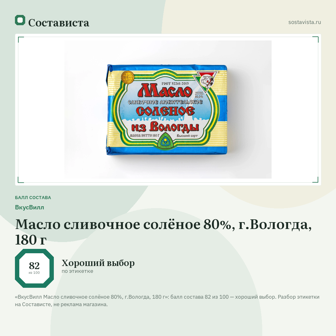 ВкусВилл Масло сливочное солёное 80%, г.Вологда, 180 г: балл состава 82 из 100 — Состависта