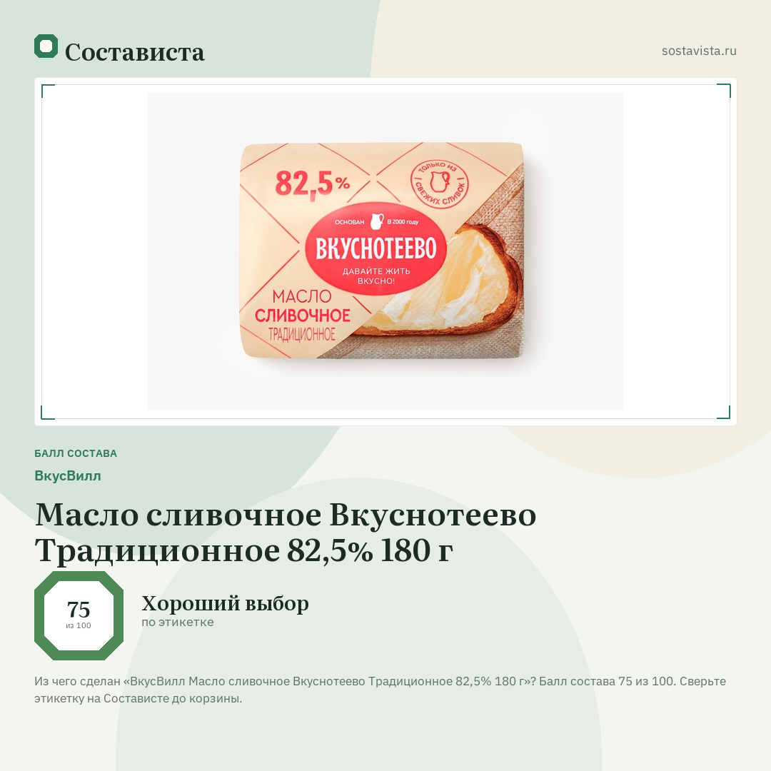 ВкусВилл Масло сливочное Вкуснотеево Традиционное 82,5% 180 г: балл состава 75 из 100 — Состависта