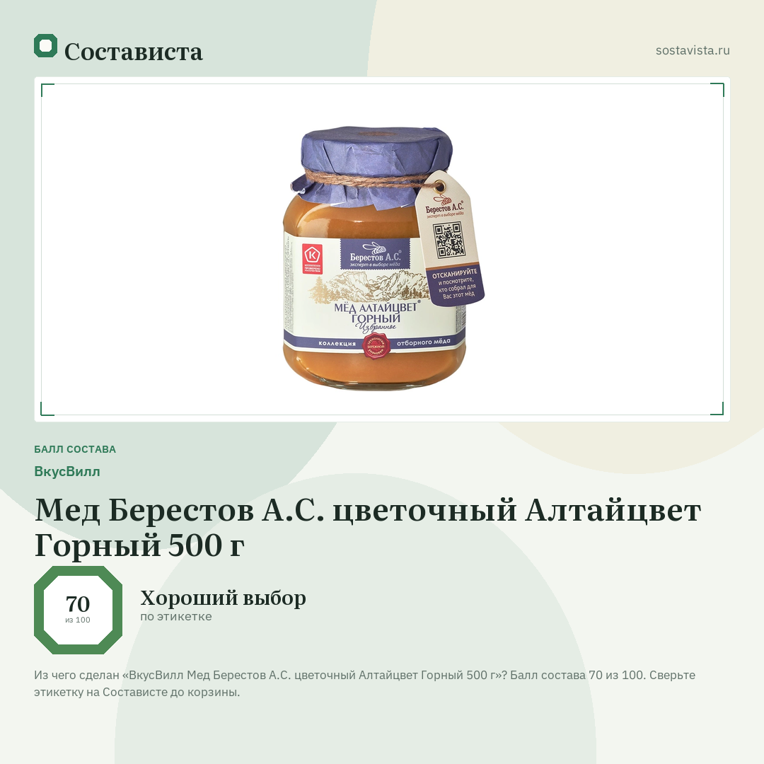 ВкусВилл Мед Берестов А.С. цветочный Алтайцвет Горный 500 г: балл состава 70 из 100 — Состависта