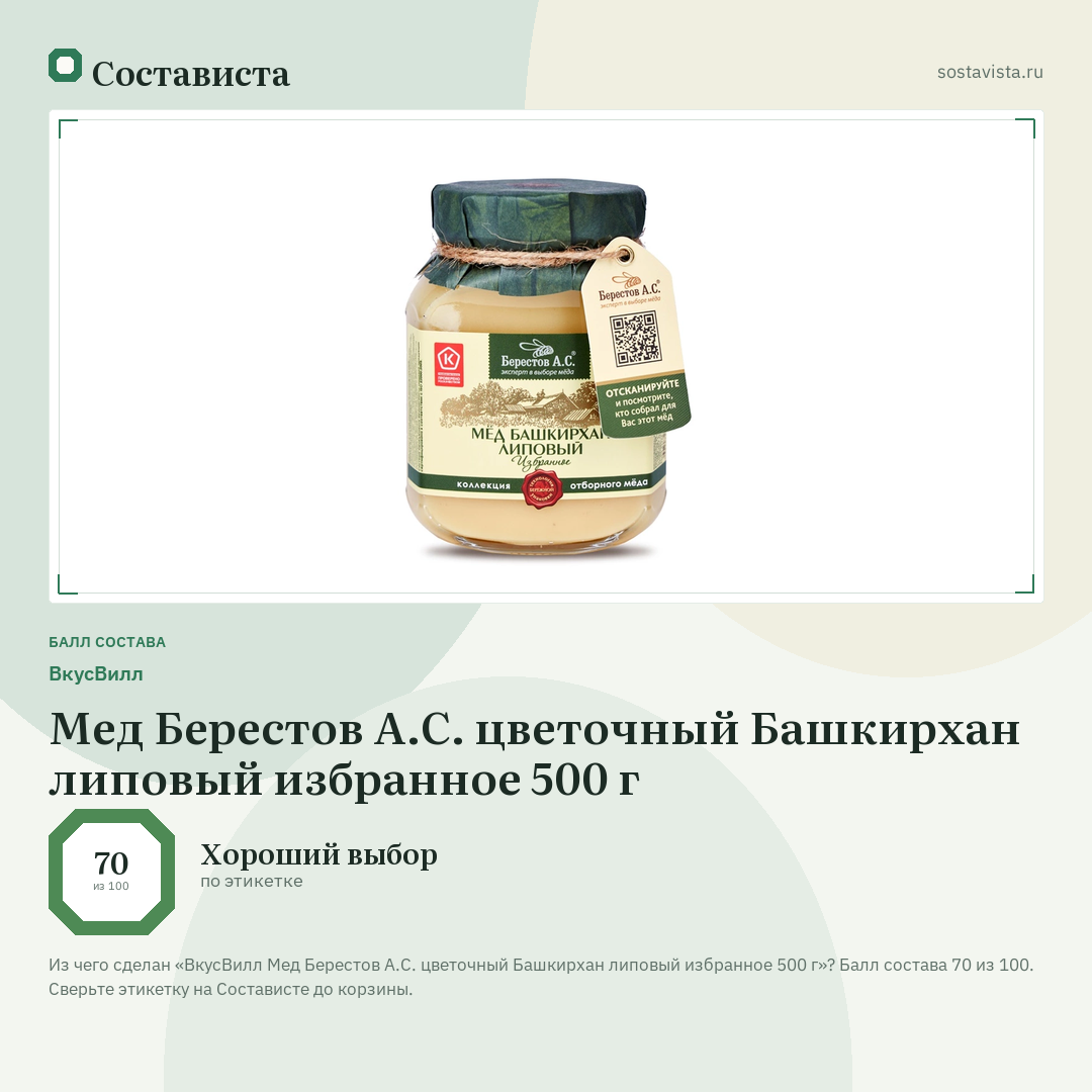 ВкусВилл Мед Берестов А.С. цветочный Башкирхан липовый избранное 500 г: балл состава 70 из 100 — Состависта