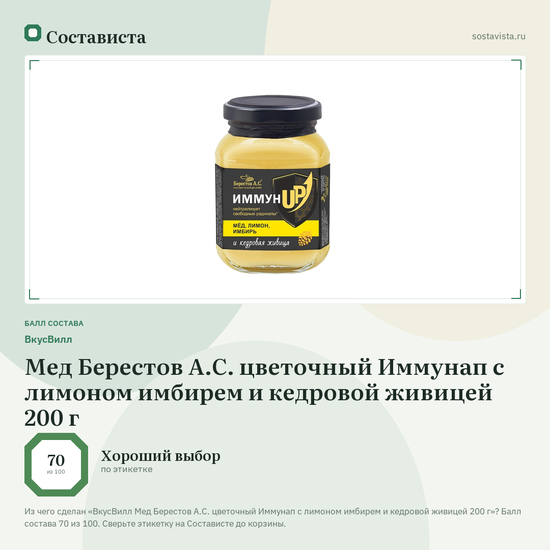 ВкусВилл Мед Берестов А.С. цветочный Иммунап с лимоном имбирем и кедровой живицей 200 г: балл состава 70 из 100 — Состависта