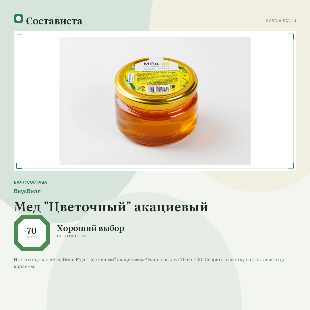 ВкусВилл Мед "Цветочный" акациевый: балл состава 70 из 100 — Состависта
